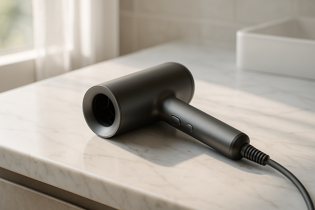 A sleek Dyson Supersonic hair dryer styled elegantly on marble, showcasing its innovative circular design and premium aesthetic appeal