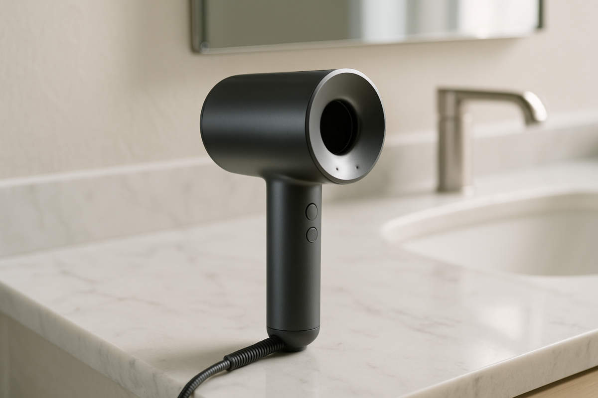 Tired woman holding heavy hair dryer experiencing arm fatigue during essential morning routine struggling with exhausting styling