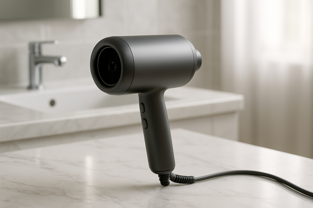 A sleek and modern Dyson hair dryer stand elegantly transforms a bathroom vanity with its minimalist design and sophisticated aesthetic appeal.