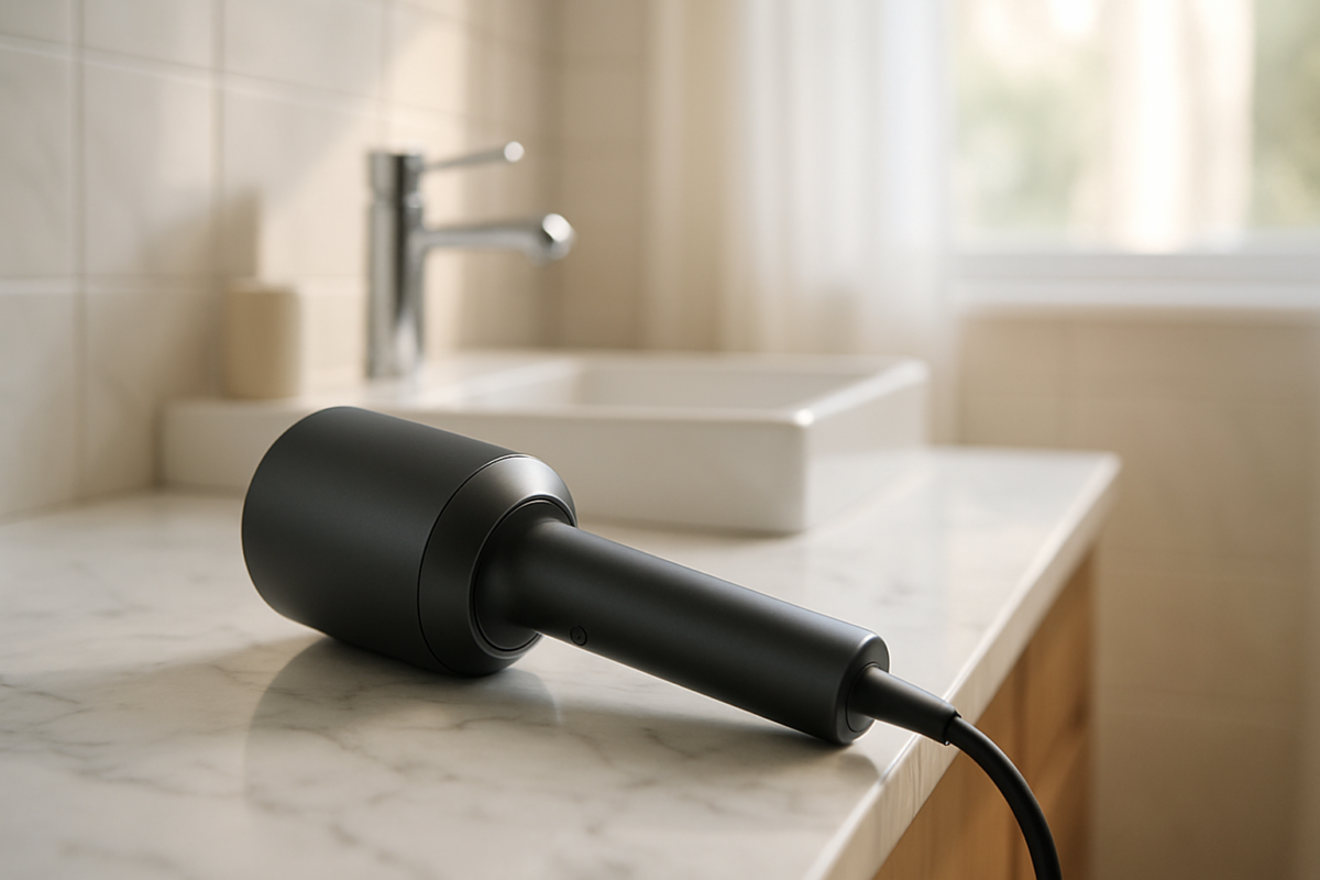 Organized Dyson hair dryer neatly stored in a sleek storage box with attachments perfectly arranged and cables tidy, creating a clutter-free elegant bathroom solution