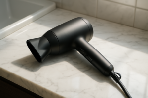 Powerful quiet hairdryer in action with dramatic airflow, glowing heating element, perfect solution for late-night styling without disturbing family members