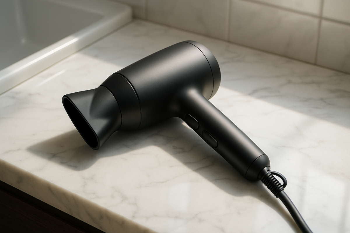 Powerful quiet hairdryer in action with dramatic airflow, glowing heating element, perfect solution for late-night styling without disturbing family members