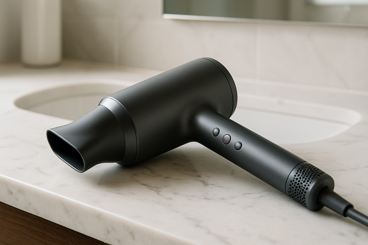 Sleek Dyson Airstrait straightening dryer with dramatic airflow creating beautifully styled glossy hair, showcasing thrilling professional results and essential beauty innovation