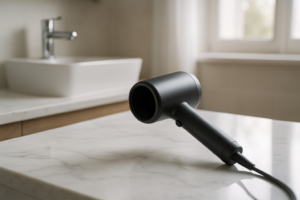 Sleek bathroom organization solution featuring compact Nitori hair dryer holder displaying premium Dyson dryer storage system with tidy cable management for clutter-free vanity aesthetic