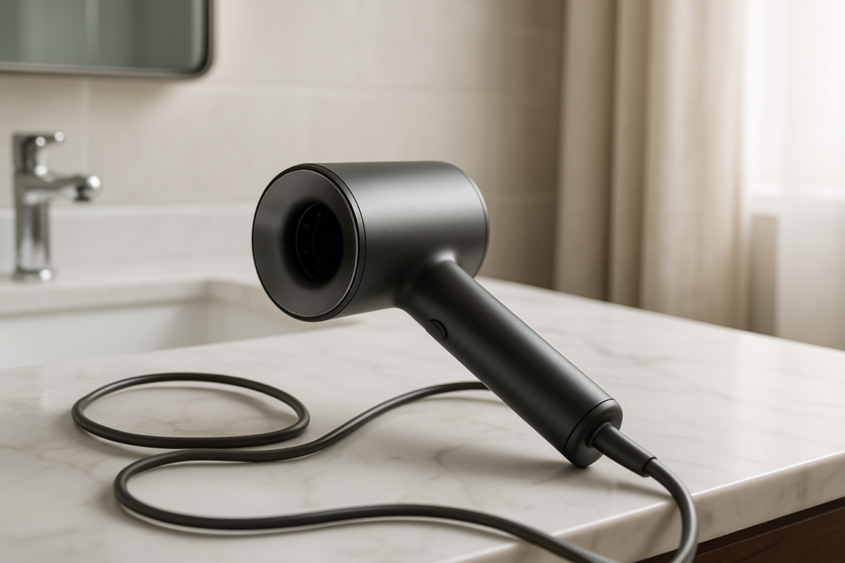 Woman holding revolutionary Dyson Airstrait hair straightener dryer showcasing smooth shiny straight hair transformation with dramatic air-drying technology result