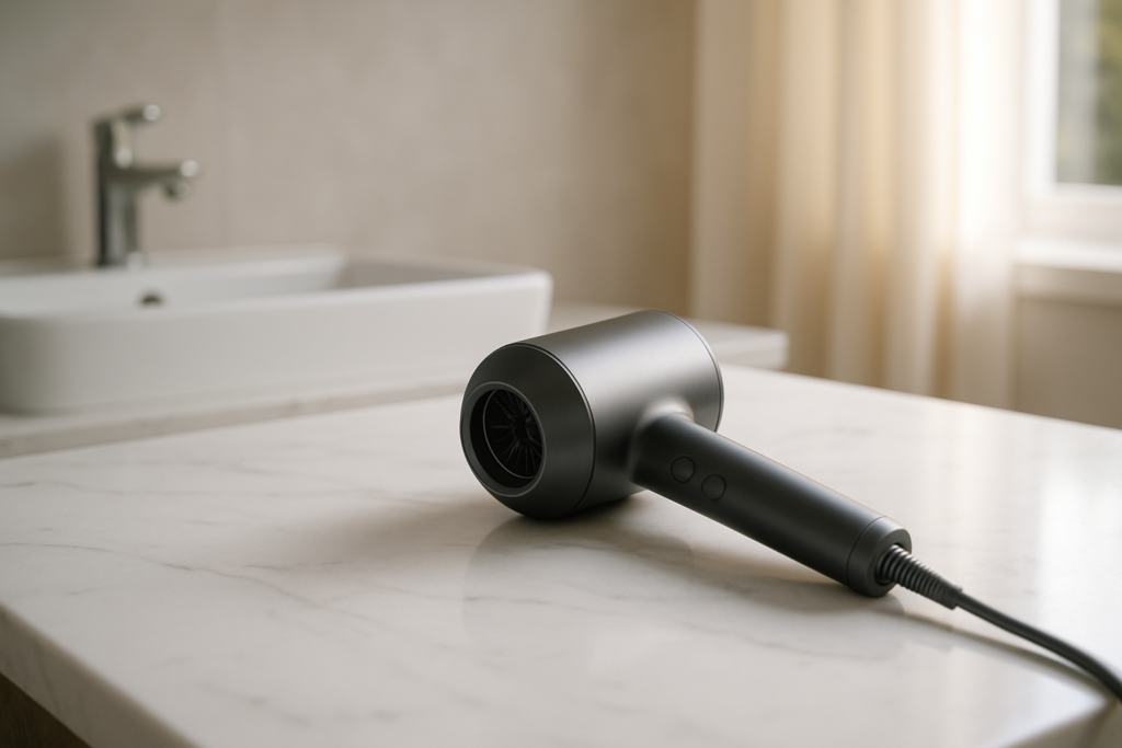 Woman showcasing salon-quality curled hair with Dyson Airwrap, demonstrating effortless styling results and dramatic volume transformation