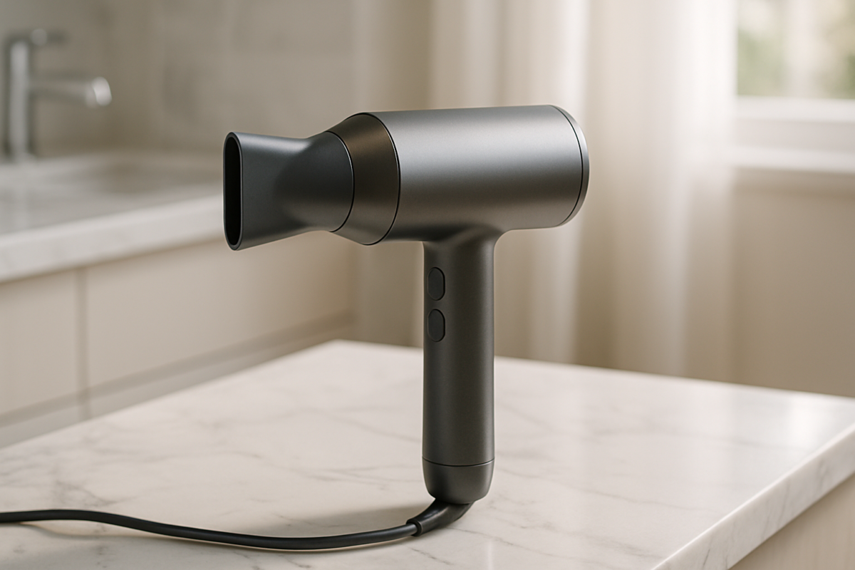 Sleek modern bathroom counter displaying elegant Dyson hair dryer stand with organized attachments, creating a dramatic, organized home styling setup that transforms messy countertop space into luxurious daily routine essential