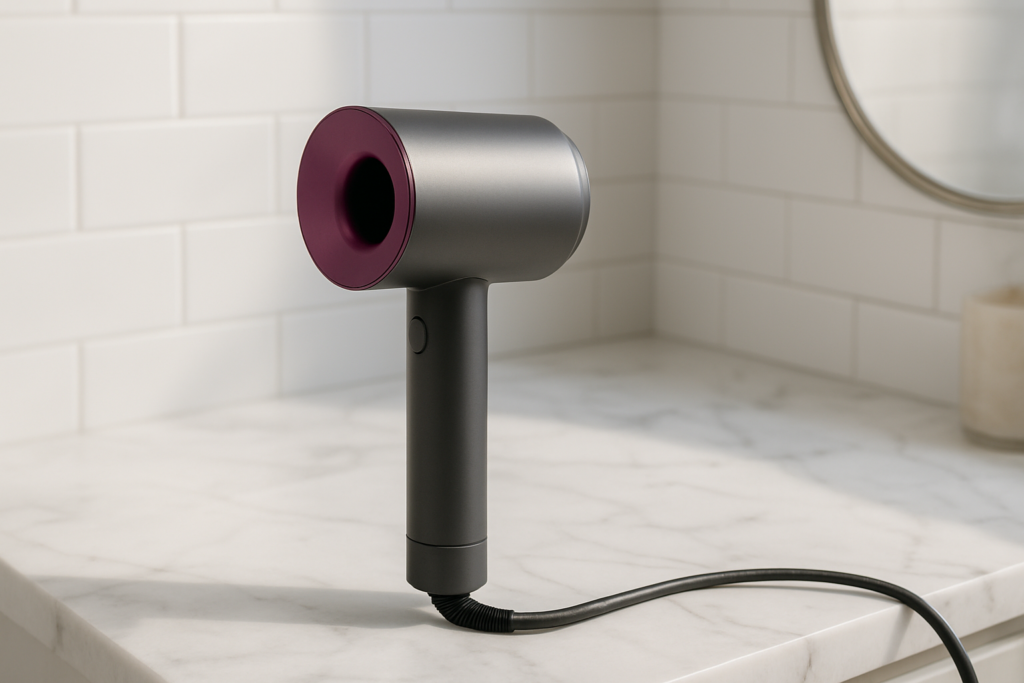 Elegant Dyson hair dryer storage solution displayed on bathroom wall without drilling holes, showing ingenious no-damage mounting system that keeps your space beautifully organized and clutter-free
