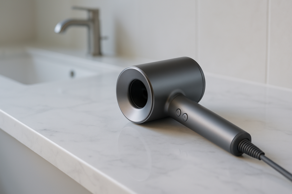 Professional woman demonstrating Dyson Airstrait hair straightener technique with sleek, glossy straight hair results achieved through innovative air-only styling method