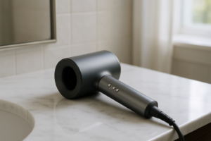 Organized Dyson hair dryer with neatly arranged attachments in elegant storage box, transformation from cluttered bathroom counter to tidy, functional beauty tool organization system