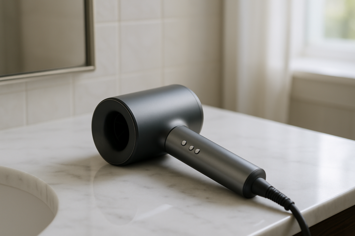 Organized Dyson hair dryer with neatly arranged attachments in elegant storage box, transformation from cluttered bathroom counter to tidy, functional beauty tool organization system