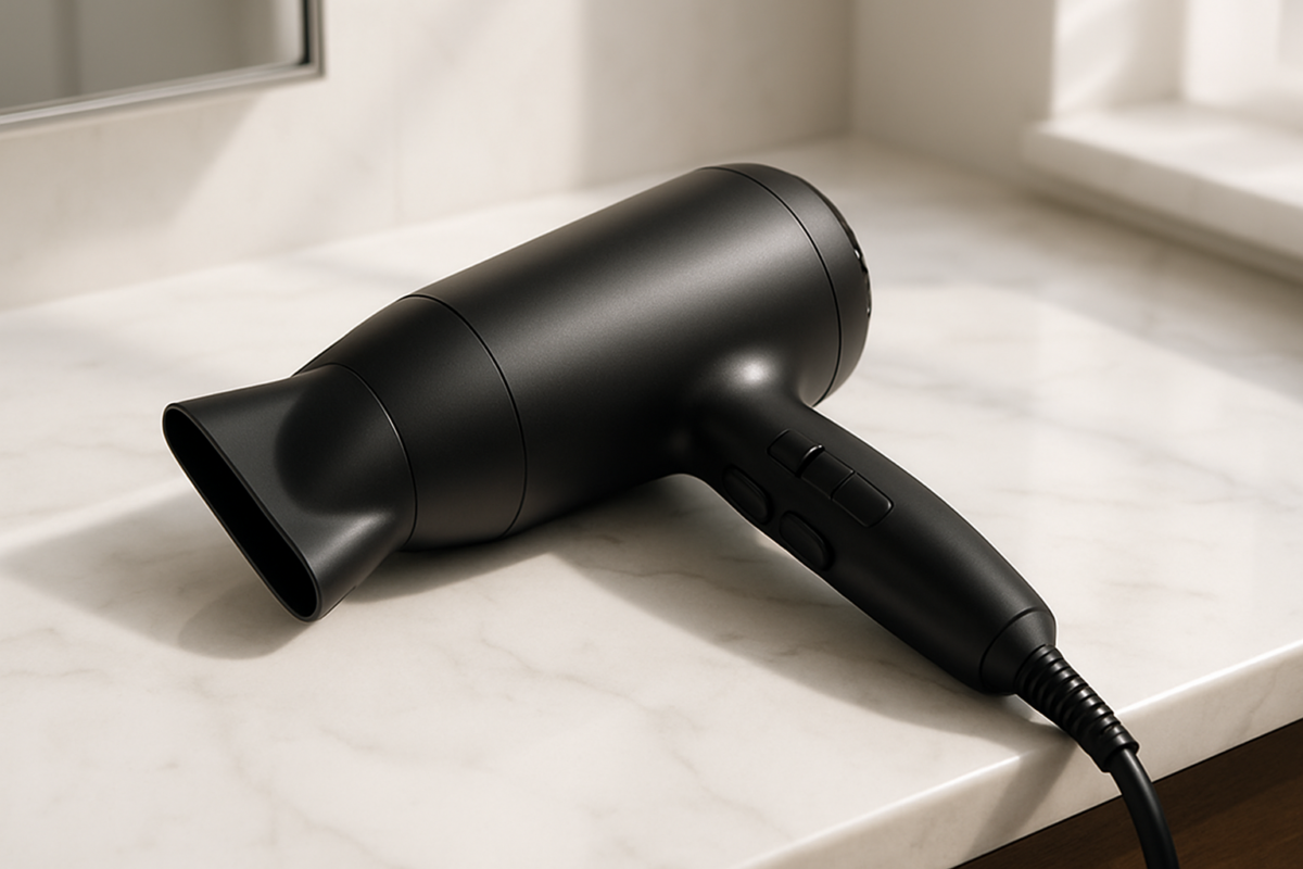 A professional hair dryer with sleek design demonstrating powerful, salon-quality drying performance for thick hair management