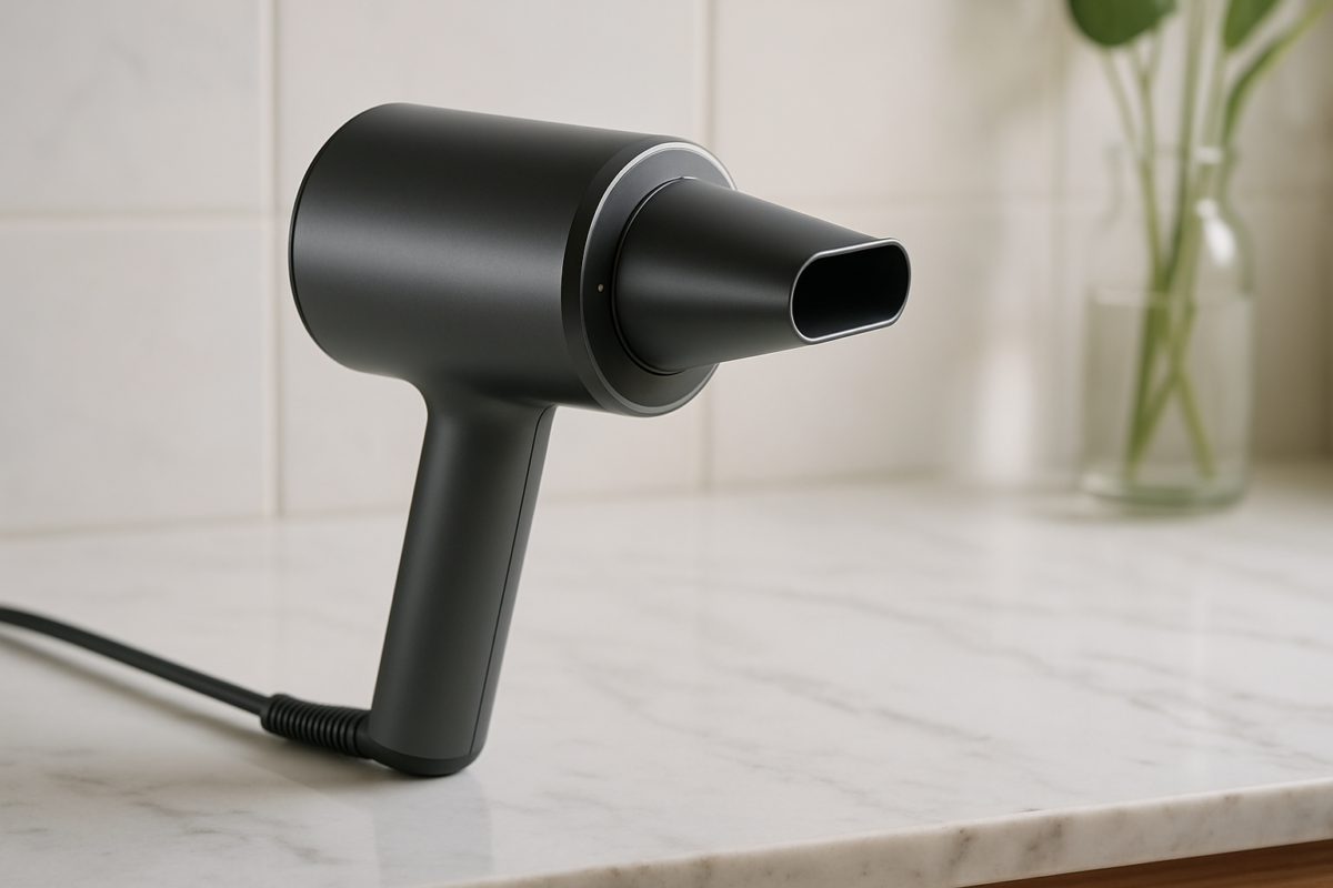Sleek Dyson hair dryer sitting elegantly on marble surface showcasing essential premium styling technology and innovative design features