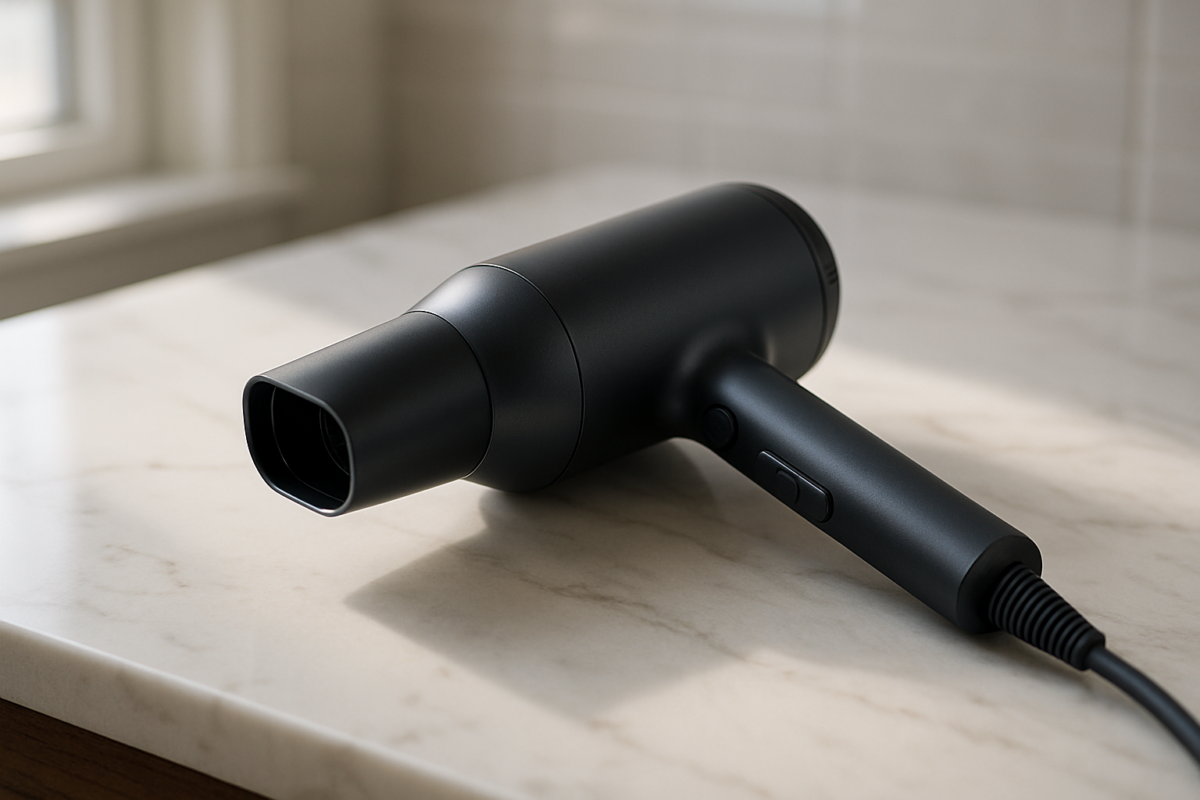 A man expertly using a sleek mens hair dryer, achieving perfectly styled hair with dramatic precision and thrilling results at home.