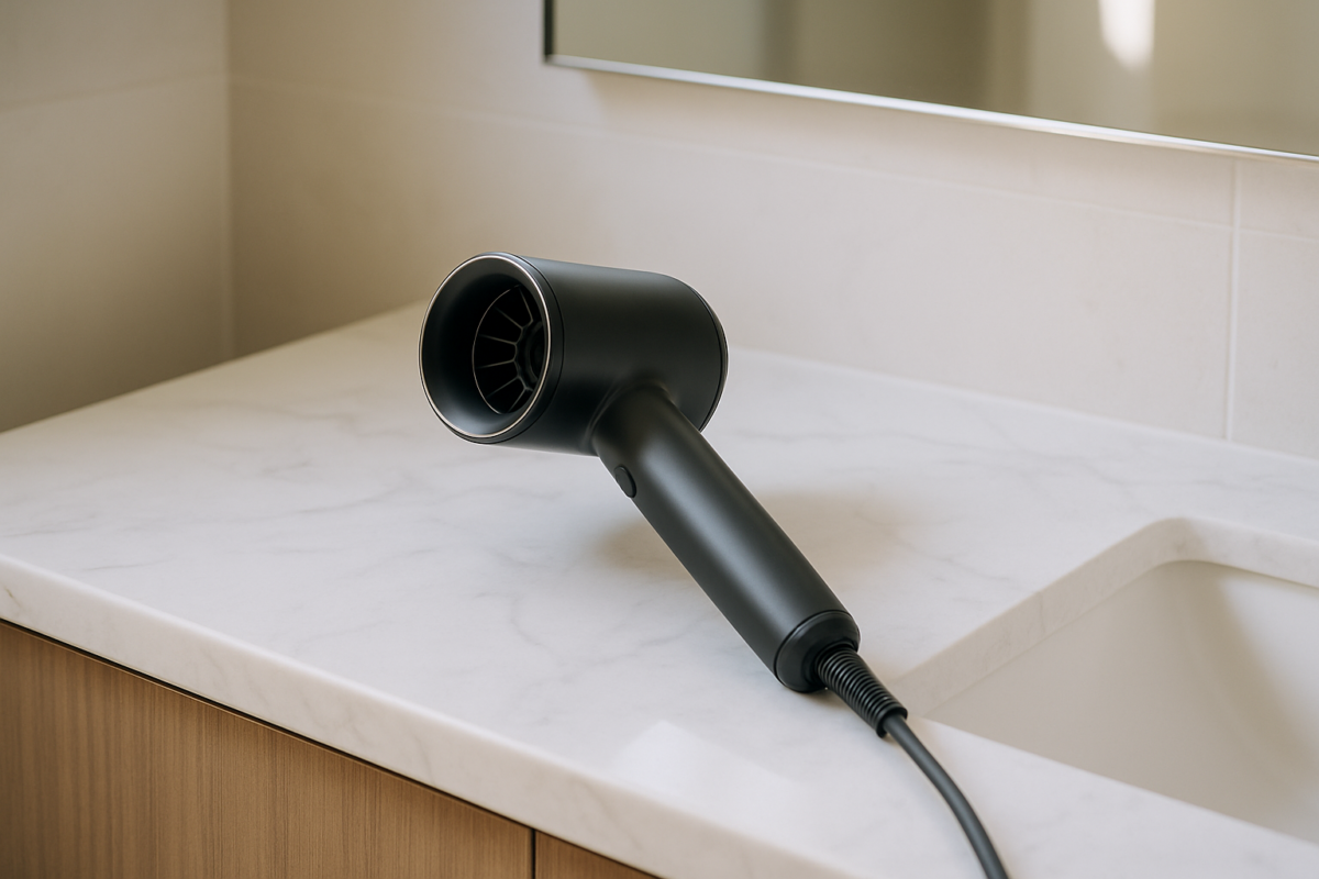 A sleek bright shower dryer cartridge displayed with its essential replacement components, showcasing the impressive quality and dramatic performance of this innovative hair care technology