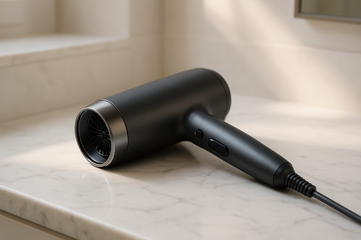 A dramatic close-up of an overheating hair dryer with visible heat waves, showing essential warning signs of appliance failure and potential safety risks
