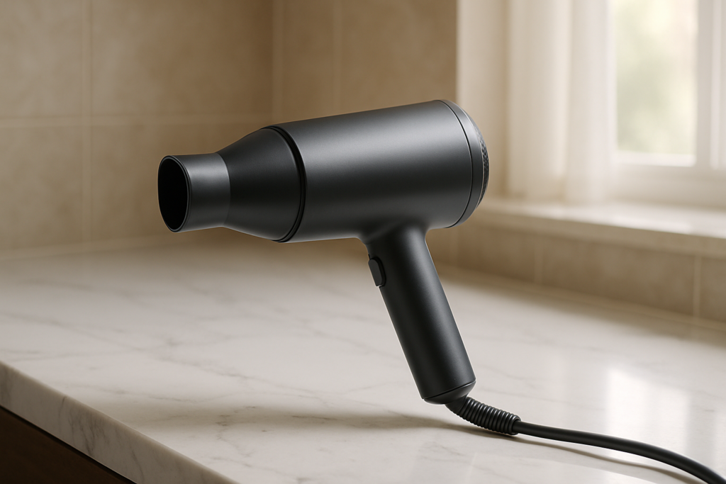 Sleek Panasonic Ionity hair dryer glowing in European hotel room, essential travel companion for effortless, shiny hair styling abroad