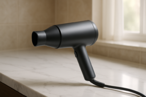 Sleek Panasonic Ionity hair dryer glowing in European hotel room, essential travel companion for effortless, shiny hair styling abroad