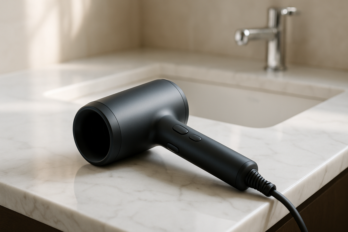 Elegant woman with glossy, dramatically smooth hair styled by professional curling dryer achieving essential shine and effortless volume in minutes