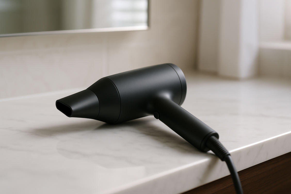Professional hair dryer delivering silky smooth results with essential ionic technology for dramatically frizz-free, thrilling salon-quality shine at home