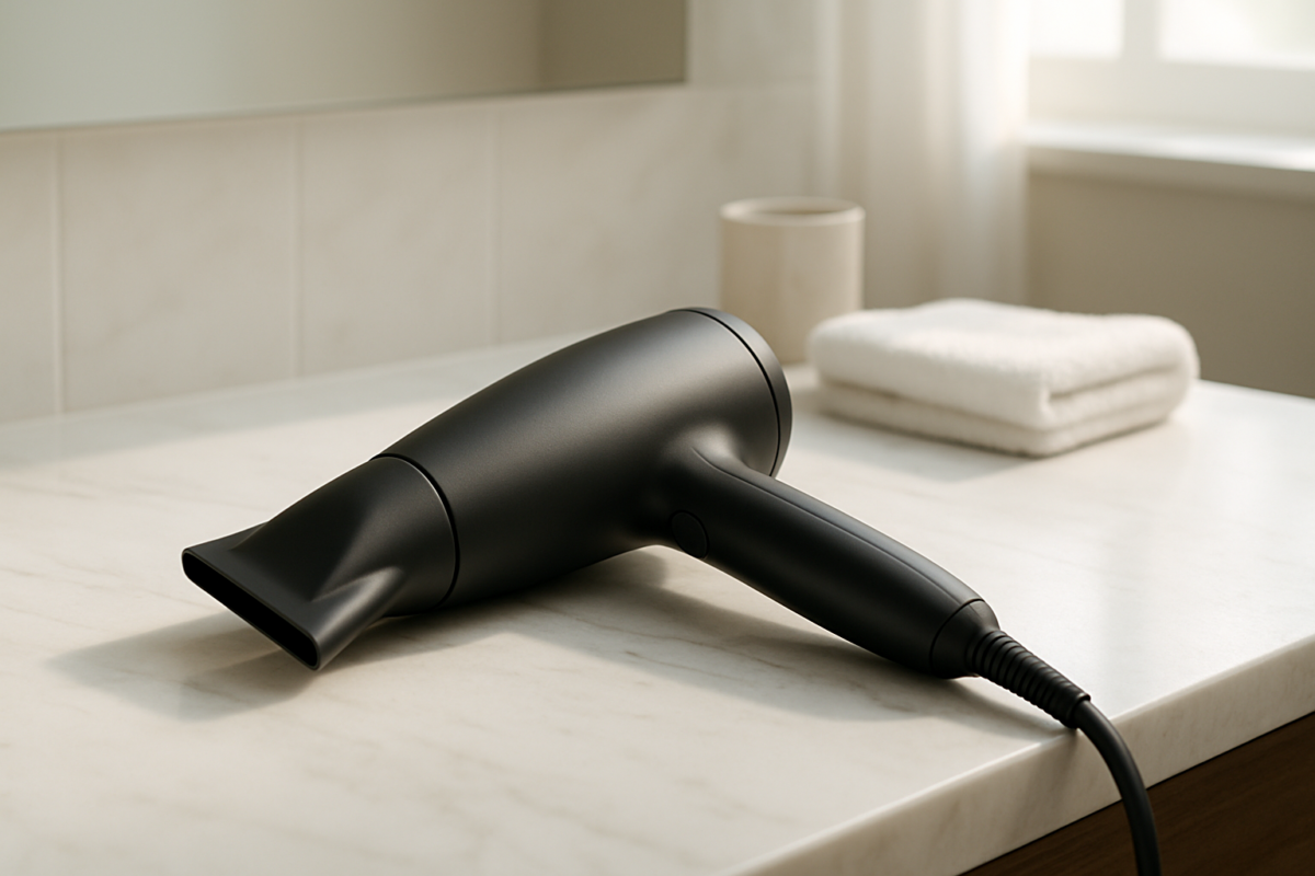 A woman using a sleek Salonia hair dryer, looking thrilled and reassured about the surprisingly affordable quality and dramatic styling results.