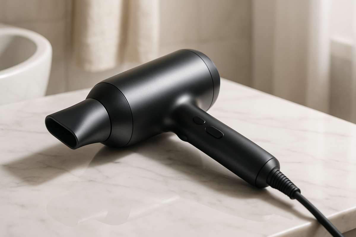 Dramatic close-up of a hairdryer nozzle showing dust accumulation, revealing the essential maintenance issue affecting hair drying performance and power.