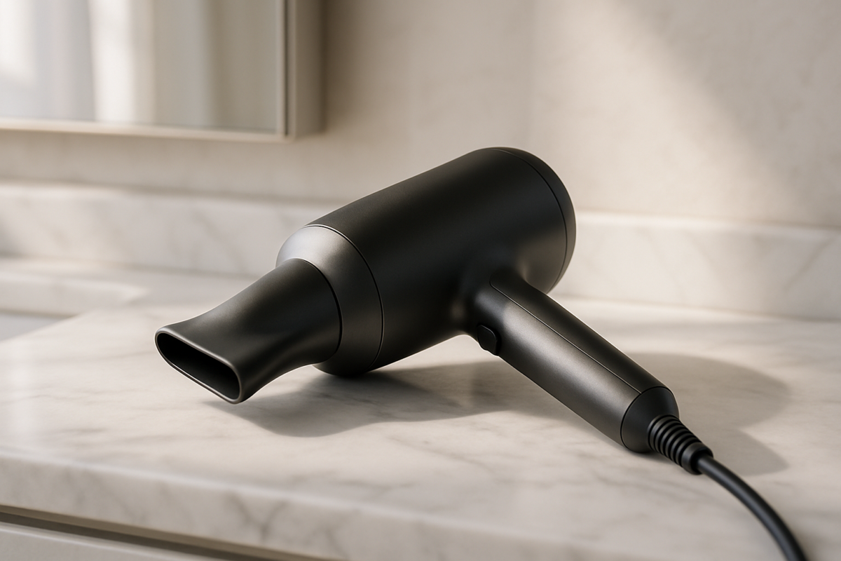 A person styling their center-parted hair with a professional blow dryer for a sleek, effortless finish at home