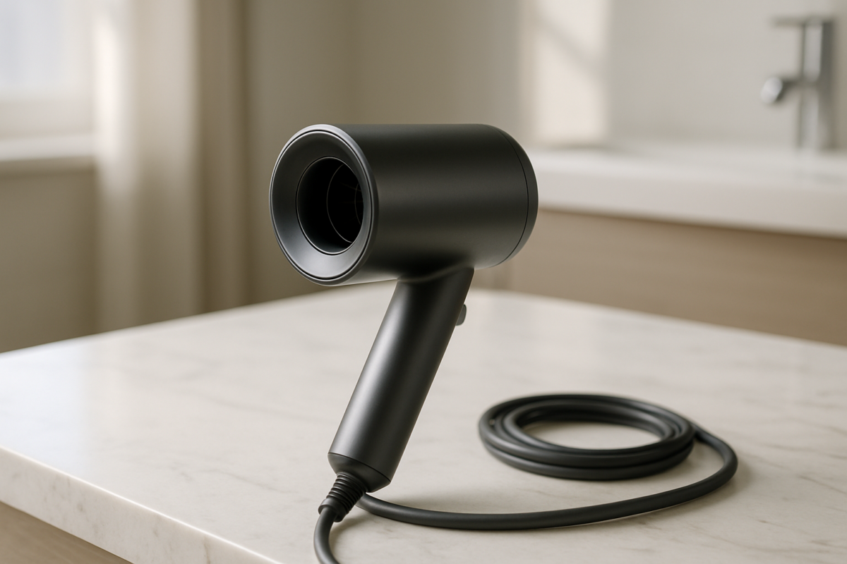 Essential Dyson hair dryer stand displayed on modern vanity, showcasing practical styling setup for effortless daily routines