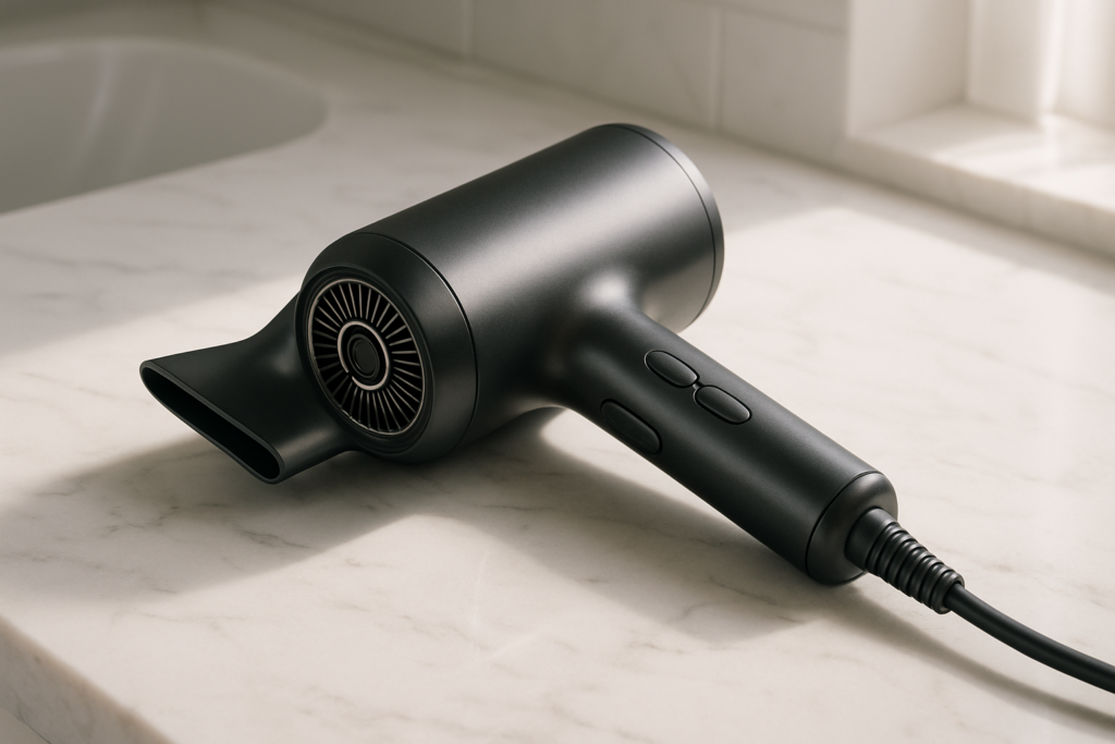 Dramatic comparison of Salonia versus Sharp hair dryers showing speed drying power and price differences tested over three months with essential features highlighted
