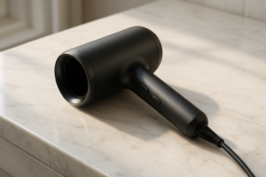Woman carefully inspecting her Salonia hair dryer for safety concerns, dramatic close-up of essential maintenance check with worried expression and relief discovery