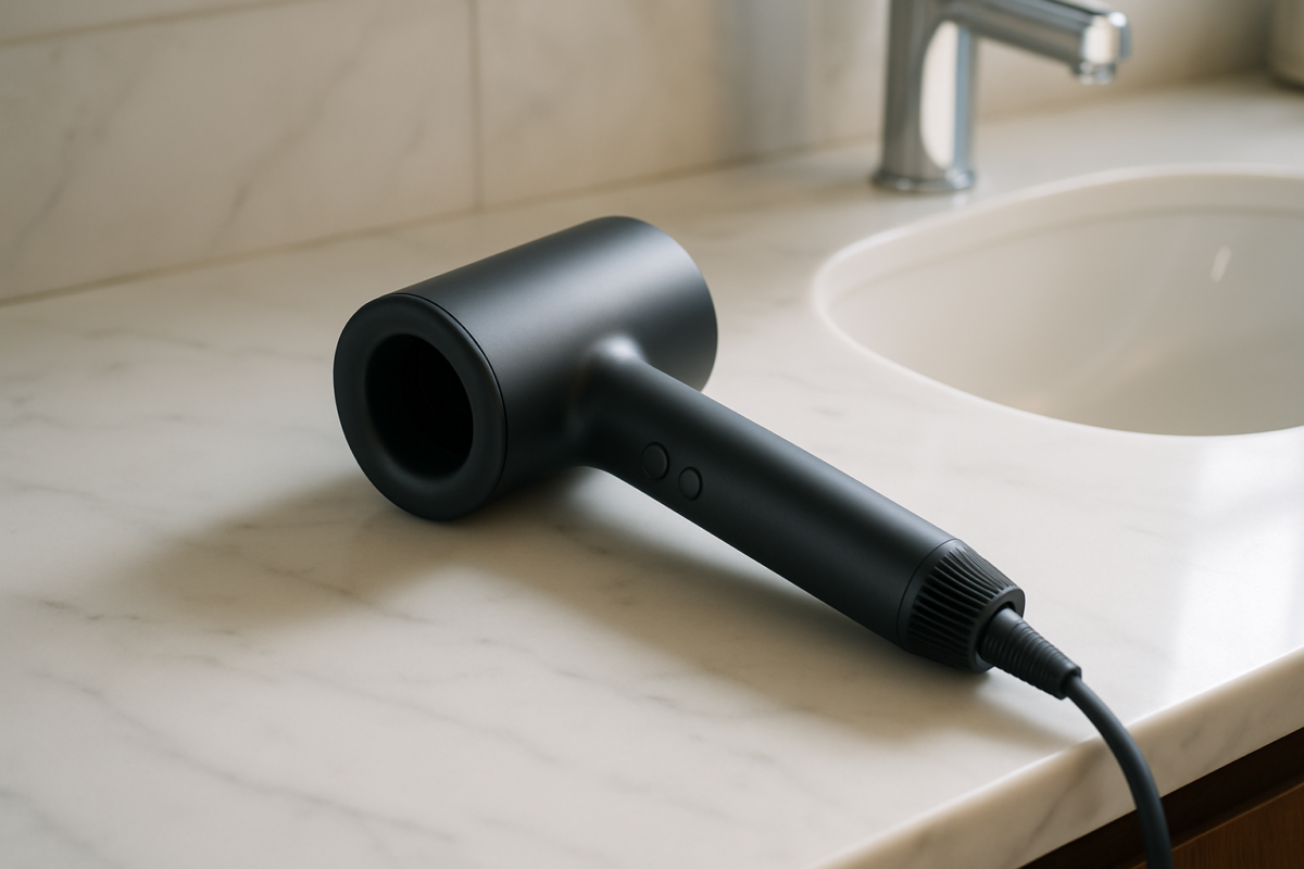 Sleek Dyson HD08 hair dryer displayed with dramatic lighting showing latest pricing updates and next-generation model comparison for smart shopping decisions