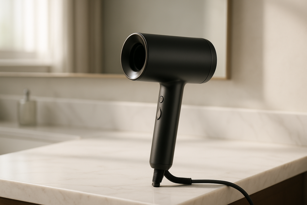Woman styling wet hair with powerful fast-drying budget hairdryer, comparing affordable high-performance models for cost-effective home hair care