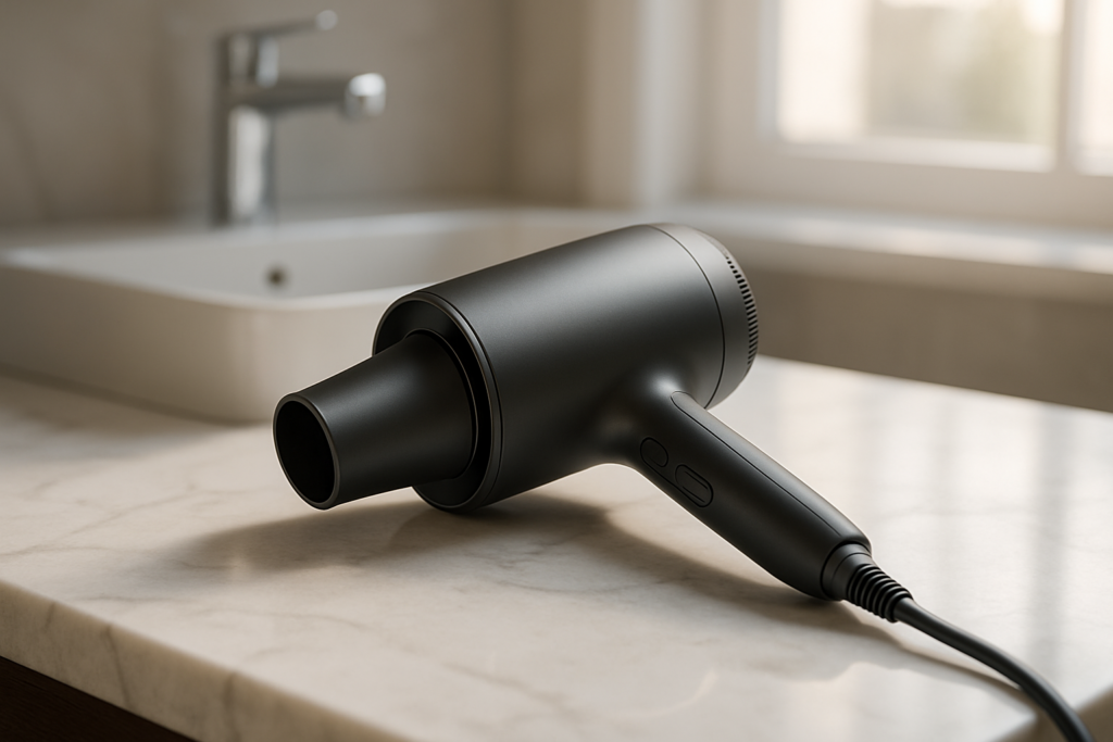 Dramatic side-by-side comparison of six Panasonic Nanoe hair dryers lined up, showcasing different sleek models with glowing LED displays and essential styling features highlighted in professional beauty setting