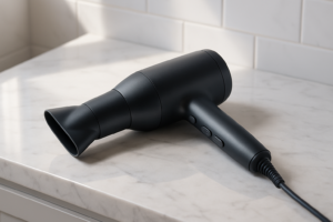 Woman achieving perfect curls with cordless hair dryer outdoors, demonstrating convenient portable styling with dramatic before-after transformation and professional salon results