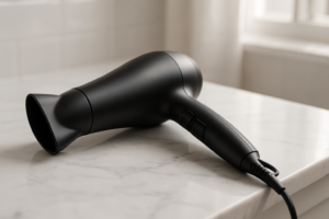 Overheated hairdryer showing dangerous warning signs of malfunction with visible heat damage and worn electrical cord indicating urgent replacement need