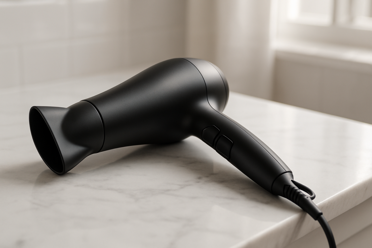 Overheated hairdryer showing dangerous warning signs of malfunction with visible heat damage and worn electrical cord indicating urgent replacement need