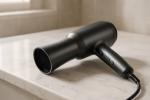 Womans wet hair dramatically drying in seconds with Panasonic Ionity hair dryer, showcasing quick-dry technology and time-saving morning routine transformation