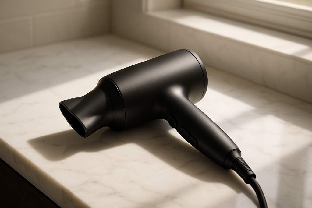 Man styling hair with modern curl dryer, achieving salon-quality volume and waves effortlessly at home with essential grooming tool for effortless morning routine