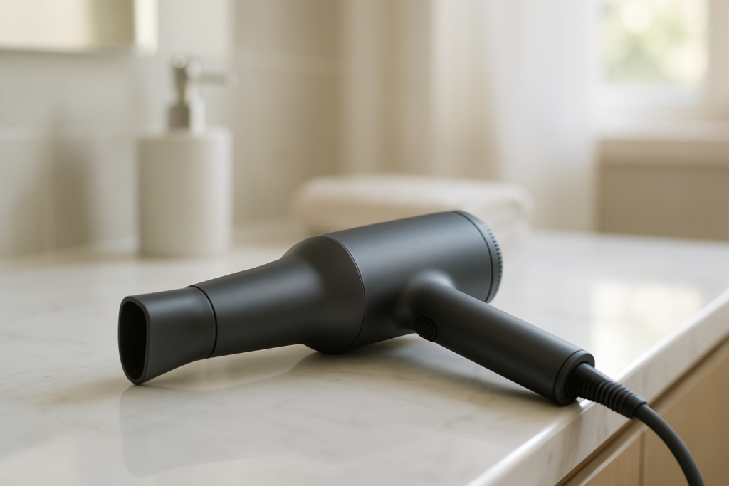 Woman with wet hair using a powerful fast-drying hair dryer, showing dramatic transformation with mist and steam, essential beauty tool for quick styling results