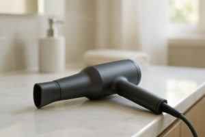 Woman with wet hair using a powerful fast-drying hair dryer, showing dramatic transformation with mist and steam, essential beauty tool for quick styling results