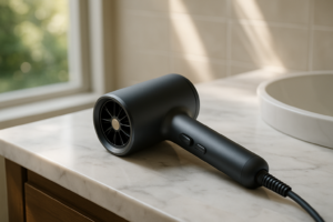 Budget-friendly dual voltage hair dryer showcased with travel essentials, highlighting affordable international solutions for effortless styling anywhere globally