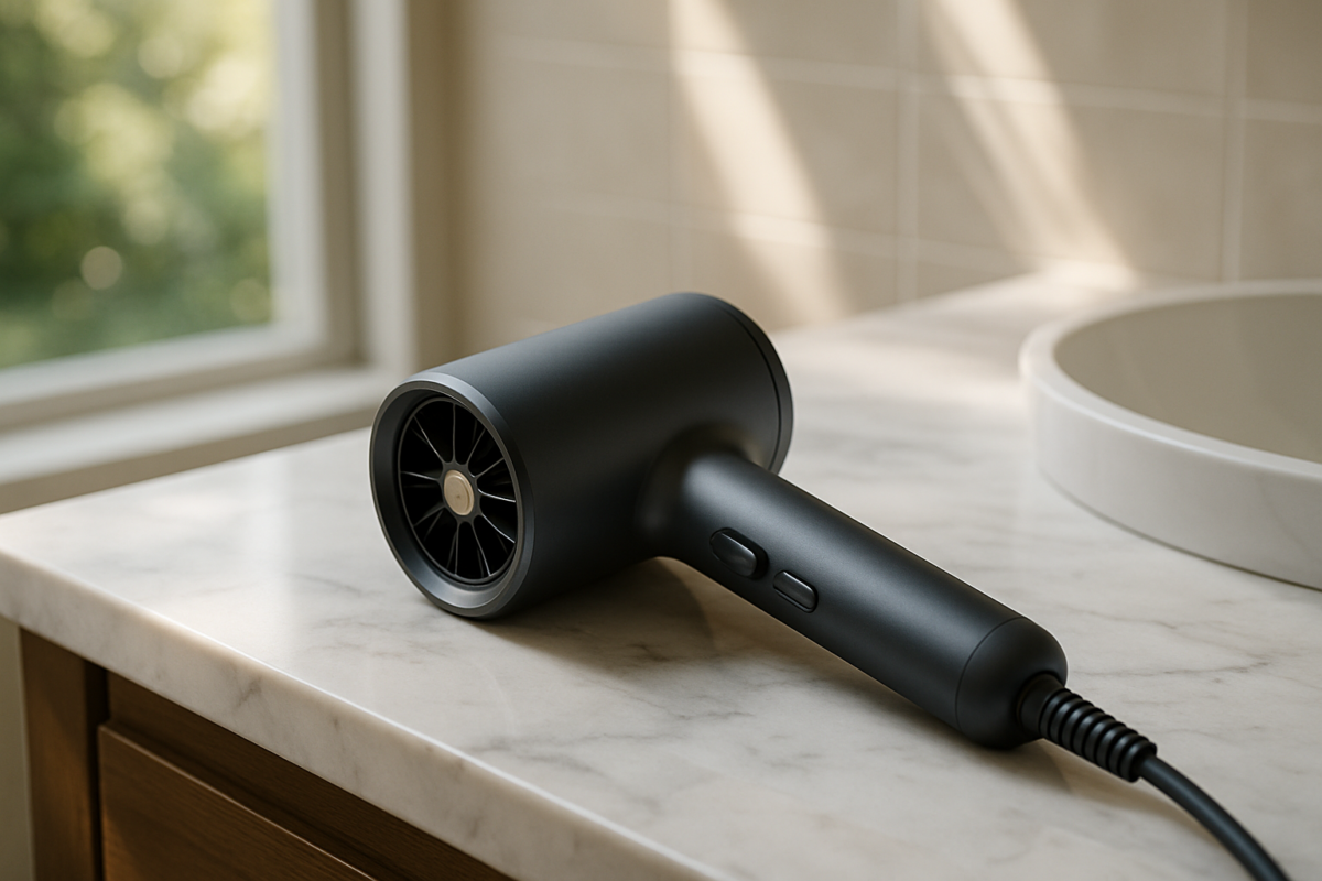 Budget-friendly dual voltage hair dryer showcased with travel essentials, highlighting affordable international solutions for effortless styling anywhere globally