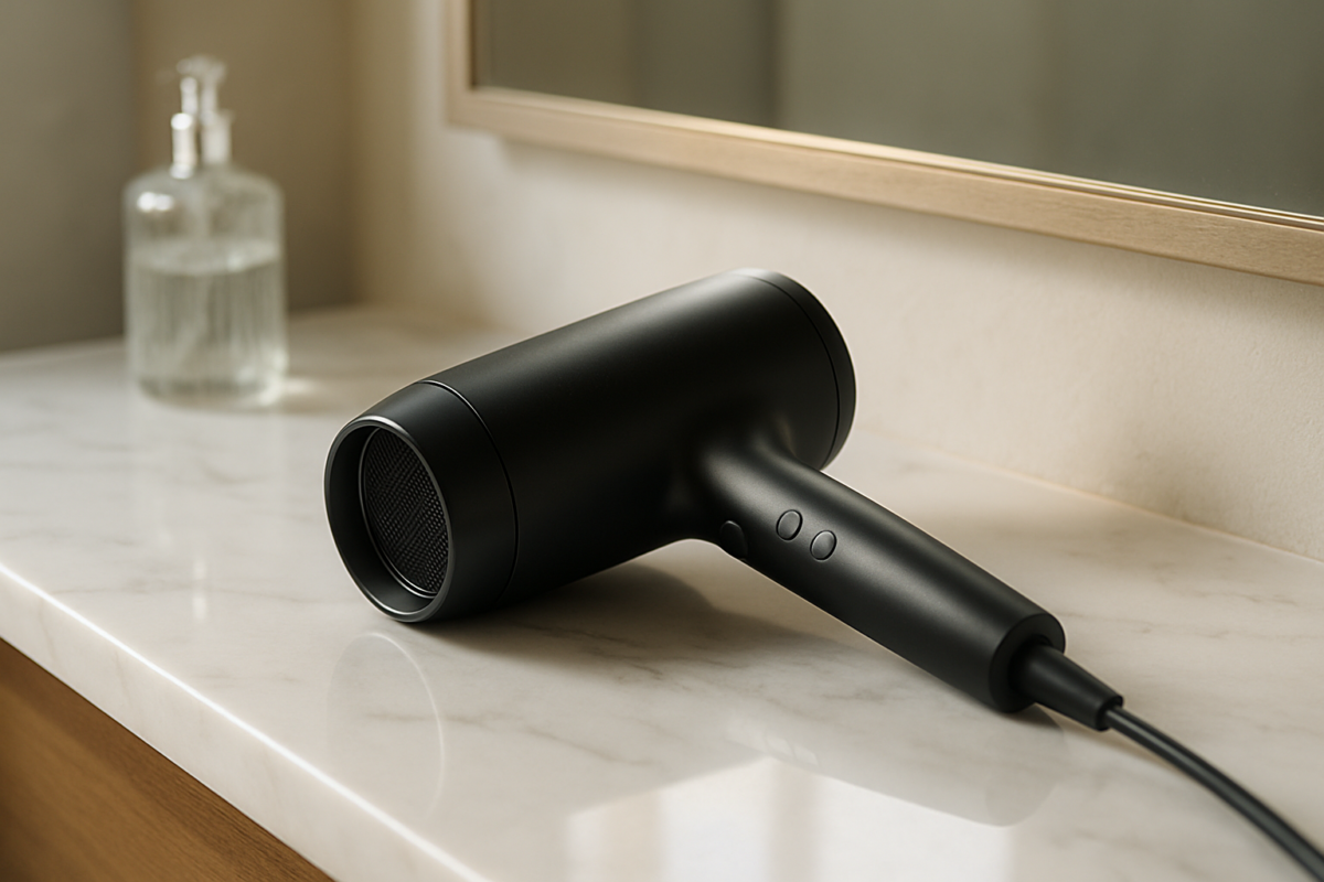 A woman enjoying the amazing sensation of quick-drying hair with an affordable, powerful hairdryer that delivers thrilling results without breaking the bank.