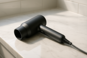 Peaceful woman drying hair quietly at night with innovative sound-dampening technique, essential quiet hairdryer solution for apartments and sleeping babies